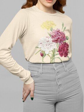 Carnation Vintage Floral Print Long Sleeve Graphic Tee T-shirt S-XXL